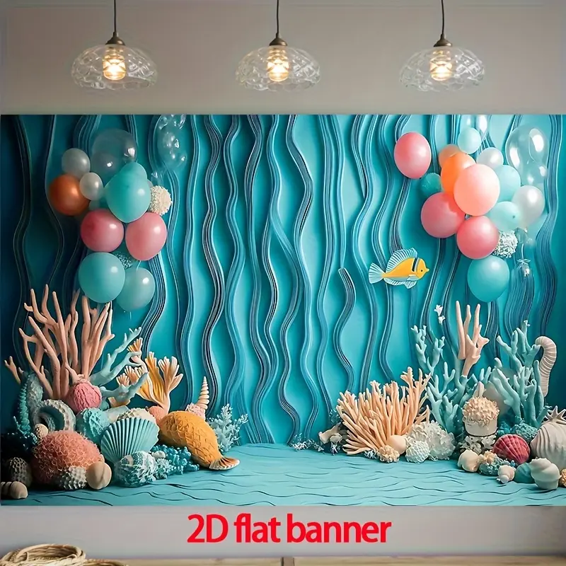 2D Flat Undersea Backdrop Kit - Vibrant Turquoise Waves, Colorful Balloons, Coral Reefs, Fish Design - Lightweight Durable Polyester Hanging Decor for Birthday, Photo Booths, Indoor Outdoor Party Banner, Parties, Flat Backdrop