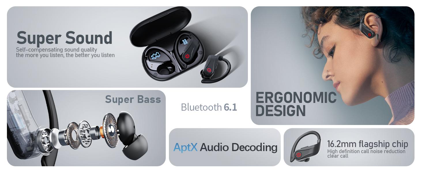 2026 Wireless In-Ear Earbuds with Bluetooth 6.1, Chargeable Sports Earhooks, Fast Charging Case, Dual LED Display, ENC Noise Cancelling Earphones, Easy Buttons, IPX7 Sweatproof, Batteries Included for Gym Audio & Outdoor Activities, Sweatproof Earphones