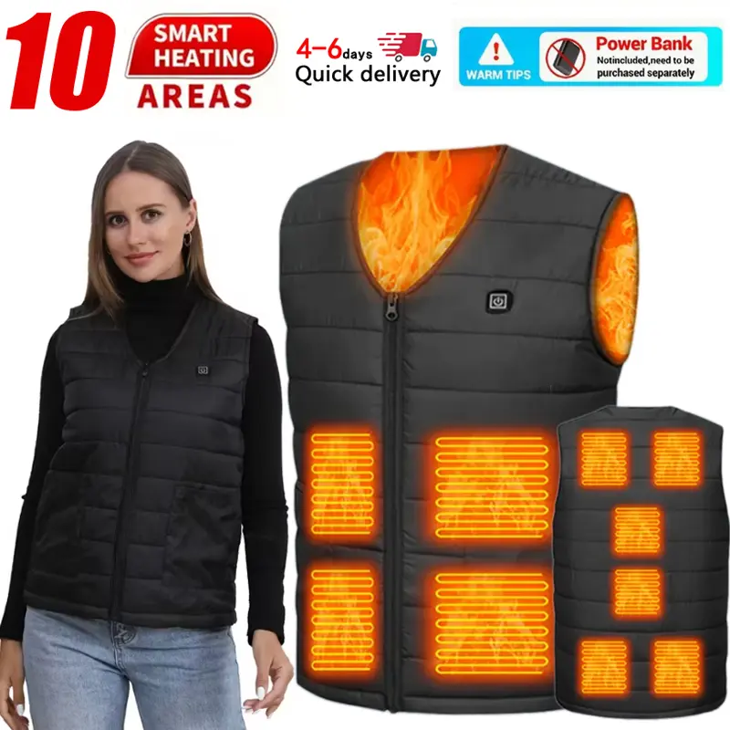 Solid Plain Smart Vest for Men & Women, Athletic Heated Outerwear with 10 Heating Zones, V-Neck & 3 Temp Settings for Winter, Minimalist, Zip