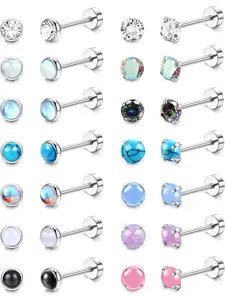 Trendy14 Pairs Hypoallergenic Flat Back Stud Earrings for Women Men Surgical Steel Screw Back Tiny CZ Opal Moonstone Turquoise Screwback Earrings Studs Set Piercing Jewelry