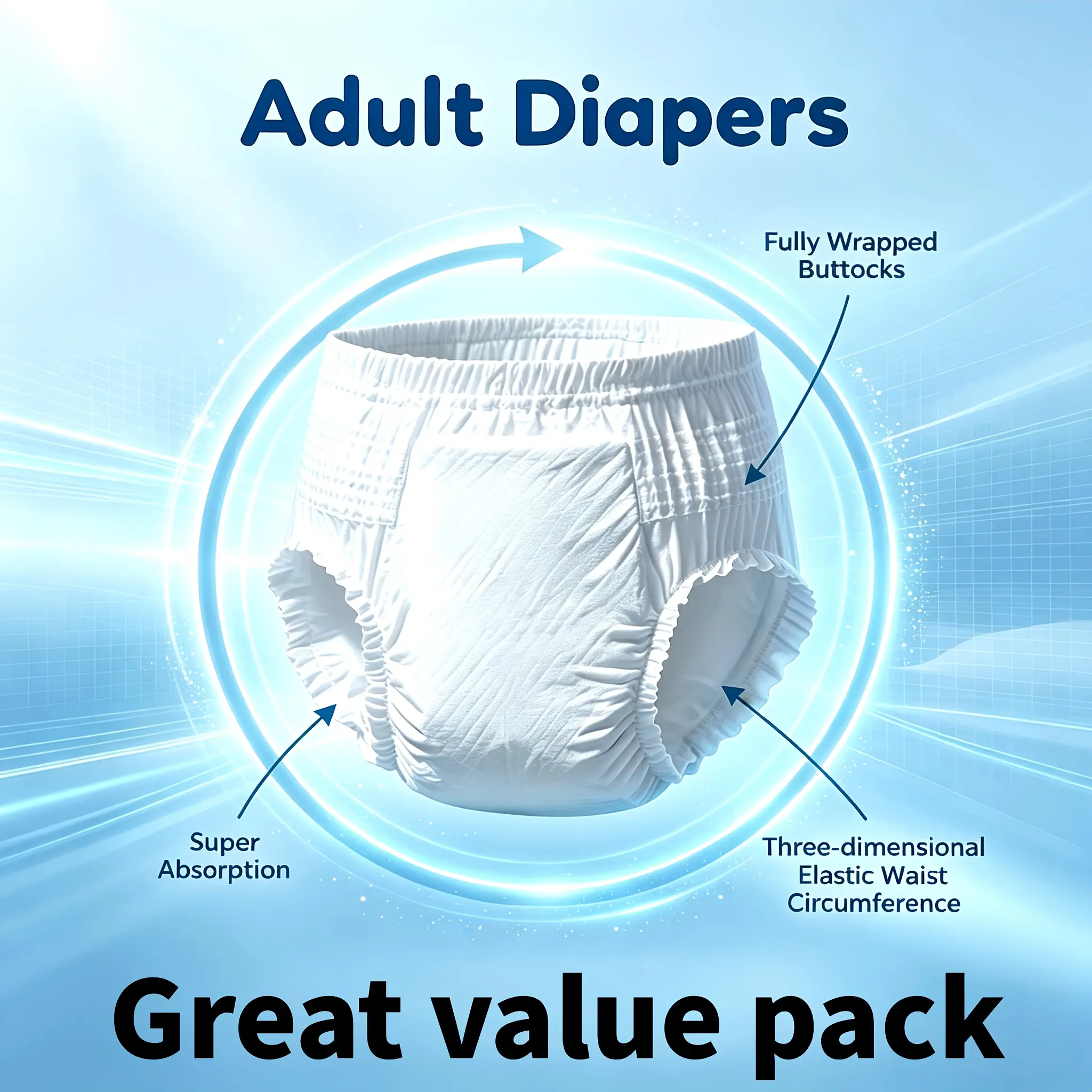 Adult diapers, adult pull-up briefs, unisex, soft & breathable fabric, wide full coverage, ultra-comfortable elastic waistband, long-lasting leak-free protection, suitable for home, travel, and nighttime use