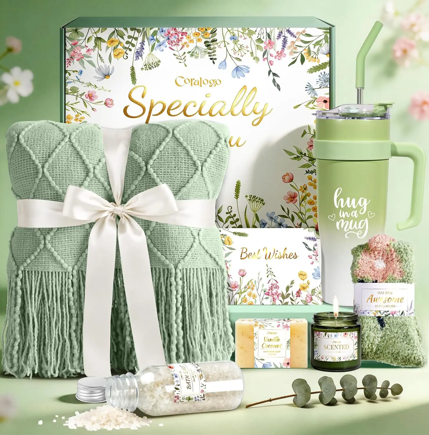 Coralogo Spa Self-Care Gift Box for Females - Home Bathroom Supplies Set with Soft and Elegant Tassel Blanket, 40oz Stainless Steel Tumbler, Socks for Birthday, Get Well Soon Gifting, Spa Gift Baskets, Themed Gift Box