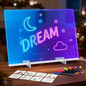 14"x10" LED Drawing Board with Colorful Lights, 4 Mode Switching & 7 Color Modes, Scratch-Resistant Dry Erase Board with 7 Color Pens& Spray Bottle, Brightness Adjustable, for Kids and Adults, Doodle Glow for Ideal Christmas,Birthday and Festival Gift.