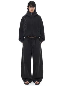 FDR Embroidered Script Letter Washed Zip-Up Hoodie, Women’s High-Collar Big Hood Sweatshirt Eases Social Anxiety , Flattering Fit & Exclusive Y2K Streetwear Style for Casual Everyday Wear