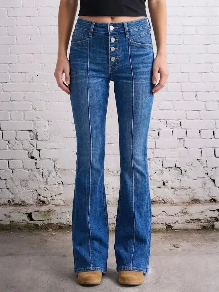 GRAPENT Women's High Rise Stretchy Flare Jeans - Wide Leg, Baggy, Bootcut Style, 4 Pockets, Distressed Wash, Casual Office Wear, Womenswear Denim Pants