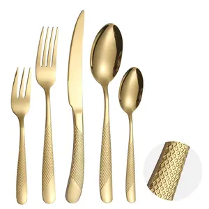 A  HOUSEWARE Hammered Silverware Set Gold Modern Stainless Steel Flatware for 4 Forks Knives and Spoons Party Dinning Utensils Elegant Creative Design Handle Festival Parties Everyday Use