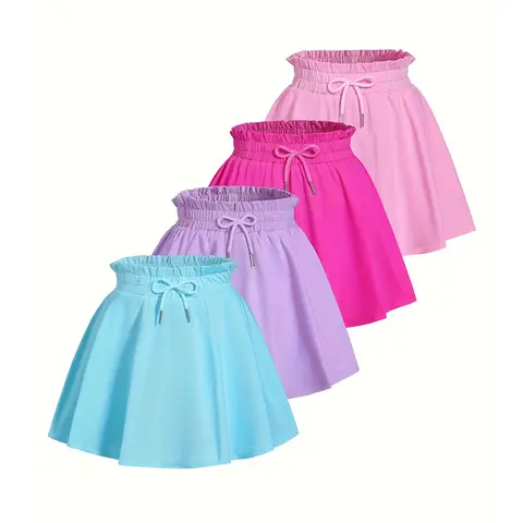 #SummerVibes 4-Piece Girls' Summer Stretch High-Waisted Tennis and Skating Skirt Set with built-in shorts Children's Sporty Flowy Skirt Skorts Set Pastel Skort Set