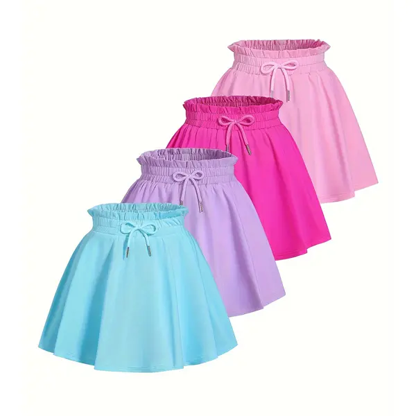 #SummerVibes 4-piece set of girl's summer elastic high waisted tennis skating skirt with built-in shorts, children's sporty flowing short skirt Solid Color Skort