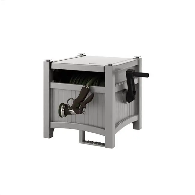 Gray 100 ft. Freestanding Hideaway Hose Reel - Resin Outdoor Single Unit Hose Set Watering Equipment with Storage, Side Handle, Low Maintenance Design, Garden Hoses & Reels