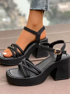 Women's Summer Wedge Sandals, Criss Cross Wedge Fashionable Stylish Plain Color Slip-On Shoes, Thick Sole Rubber Waterproof Platform, Open Toe Ankle Strap High Heels