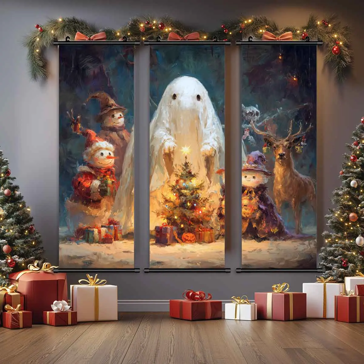 3-Piece Christmas Wall Art Set, Cute Giant Ghosts, Elegant Holiday Posters, Modern Home Decor, High-Definition Print, Gift Box Included