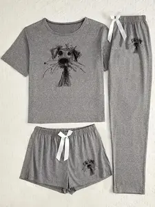Women's Three-Piece Sleepwear Loungewear Pajama Set, Graffiti Dog Print Design, Fitted Casual Style, All-Season Comfortable Wear
