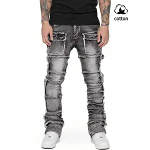 Men's Ripped Skinny Jeans, Elastic Mid-Waist Denim, Vintage Light Blue Washed Look, Casual Streetwear for All Seasons