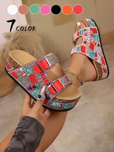 Women's Summer Fashion Thick Sole Sandals, Bohemian Style Platform Slippers, 2026 New Metal Buckle Decorative Heel Beach Shoes, Boho Style Footwear