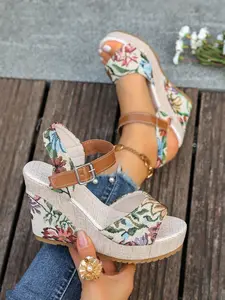 Holiday style printed high-heeled sandals, summer women's plus size embroidered floral sandals, adjustable waterproof platform sandals