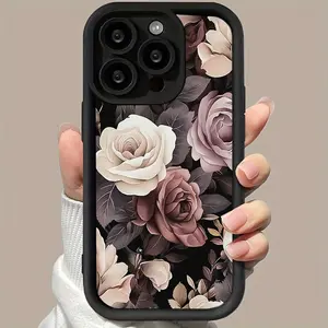 1 White Powder Wine Red Rose Pattern Black Pattern Design iPhone Case Compatible with iPhone 17 Pro Max 16 16e 15 14 Plus 13 12 Mini 11 Air X XS 2D Printing Soft TPU Cover with Raised Edges