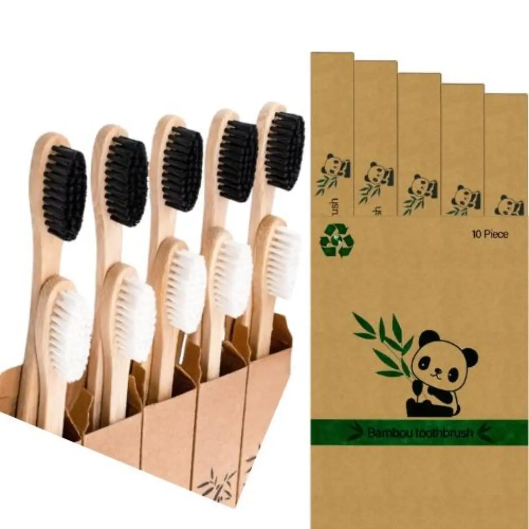 Bamboo Toothbrushes, Eco Friendly BPA Free Soft Bristles Toothbrush, Biodegradable Natural Wooden Toothbrushes, Vegan Organic Bamboo Charcoal Tooth Brush for Sensitive Gums Set of 10