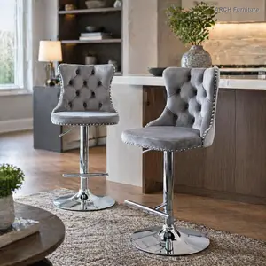ARCH A&A Furniture Modern Tufted Velvet Barstools with Backs - 2 Seats, 25-33 in Adjustable Height, Tufted Detail, Velvet Fabric, Chrome Base, Indoor Kitchen Pub Island Chairs Set (Gray),summervibes