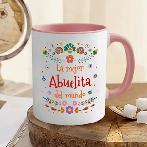 1 piece, 3A grade, La mejor Abuelita del mundo, warm and sweet floral pattern mug for grandma, 11 oz ceramic mug, gift coffee mug, best birthday gift of tea cup, gift coffee cup for women