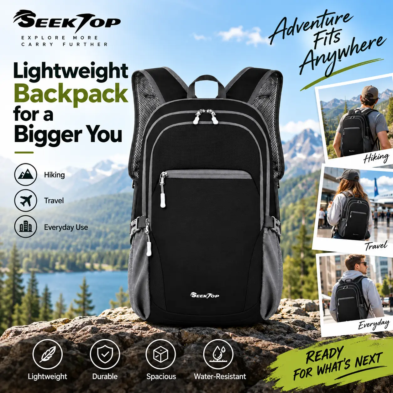 Seektop Unisex Travel Laptop Backpack, 20L-28L Expandable Foldable Multifunction Daypack, Lightweight Packable Water-Resistant RFID Anti-Theft Laptop Backpack for Travel & Hiking