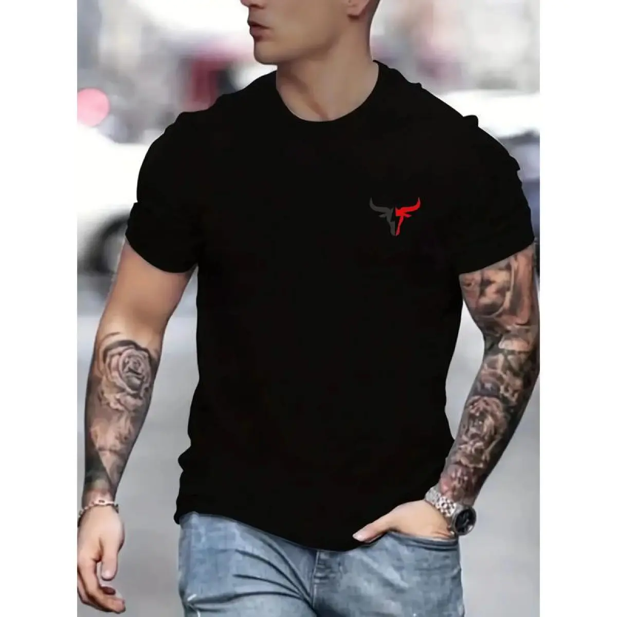 Men's Bull Graphic Round Neck T-Shirt - 100% Cotton Fabric, Classic Fit Streetwear, Short Sleeve Casual Unisex Top for Chinese New Year, Valentine's Day, Children's Day