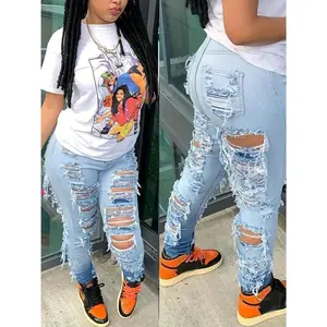 Women's high waist skinny jeans with ripped cuffs and ankle long gradient-casual pants Womenswear Bottom