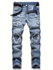 Men's Casual Streetwear Ripped Washed Elastic Slim Fit Jeans Pants, Comfortable Stretch Denim Jeans for Everyday Wear, Stylish Hole Design