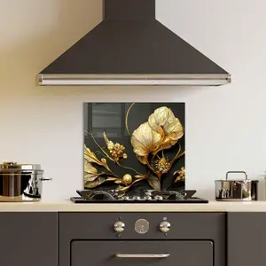 GCKG Luxury golden flower Beautiful precious metal filigree floral royal jewelry art Tempered Glass Kitchen Backsplash, Stove Back Cover, Stove Splashback, Cutting Board, Kitchen Wall Decor
