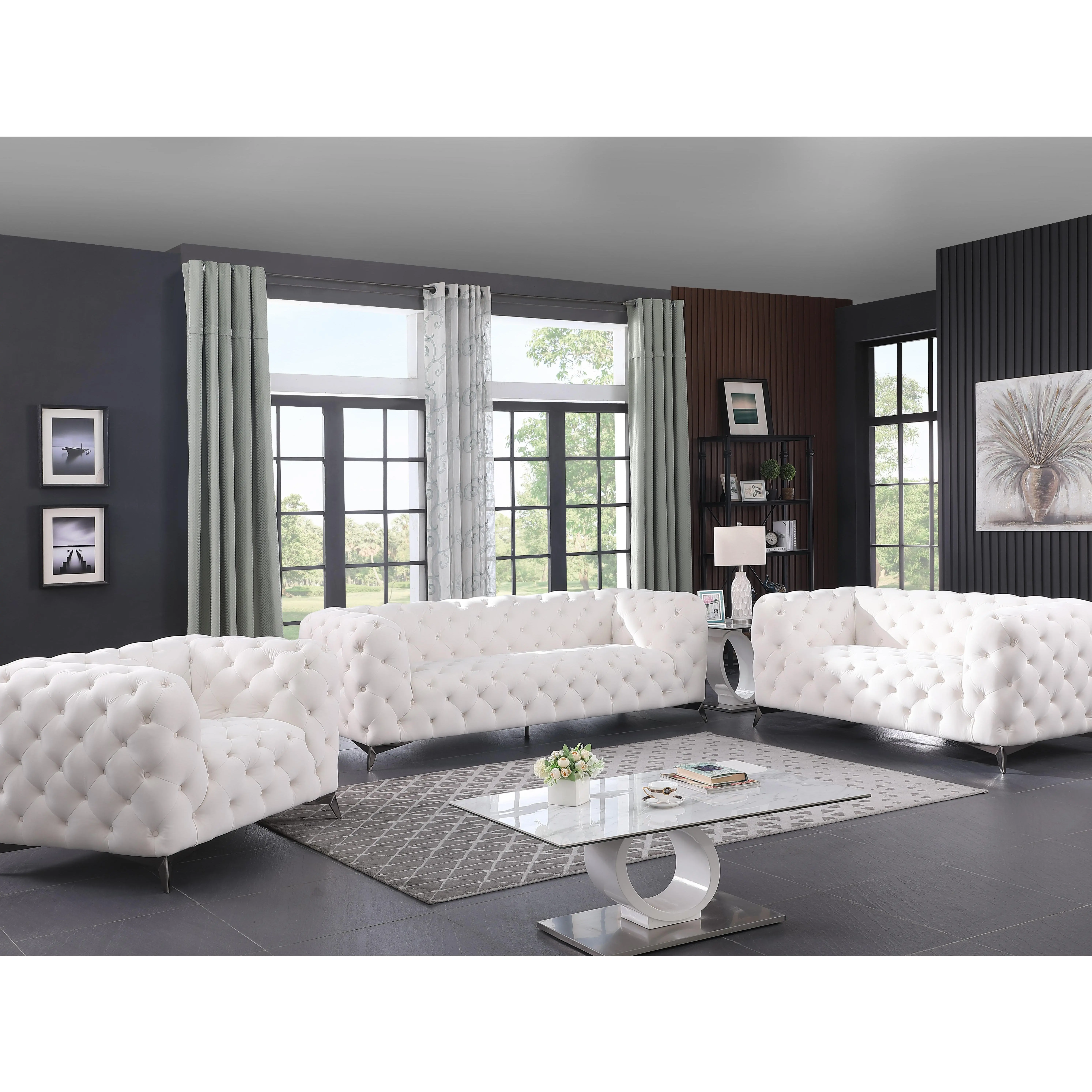 Summervibes 3-Piece All-White Fluffy Flannel Sofa Set - High-End Fold-Down Indoor Furniture with Memory Foam Couch, Modern Upholstered for Stylish Living Room Comfort, All-White Sofa Sets, Fluffy Sofa Sets