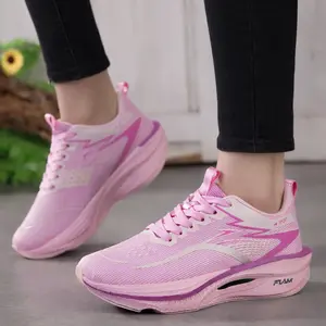 2026 new rebound women's casual sports shoes, outdoor thick-soled heightening casual shoes, indoor non-slip shock-absorbing training fitness shoes, four-season fashionable lace-up soft-soled travel shoes, Girl's pink footwear, trainer, runner