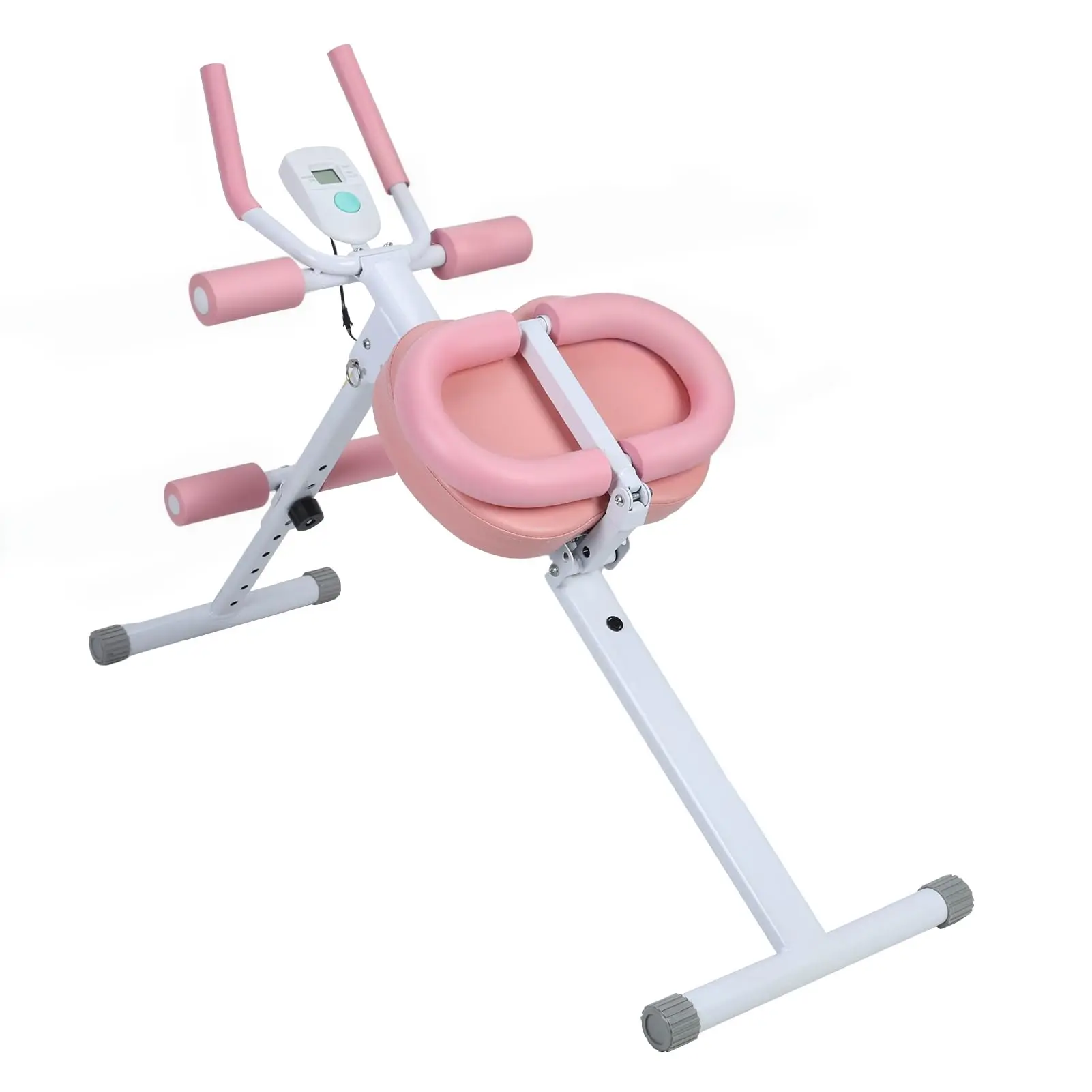 Adjustable abdominal trainer, equipped with a display screen, silent handle and foldable home exercise machine, suitable for home gyms, featuring a pink and white design.
