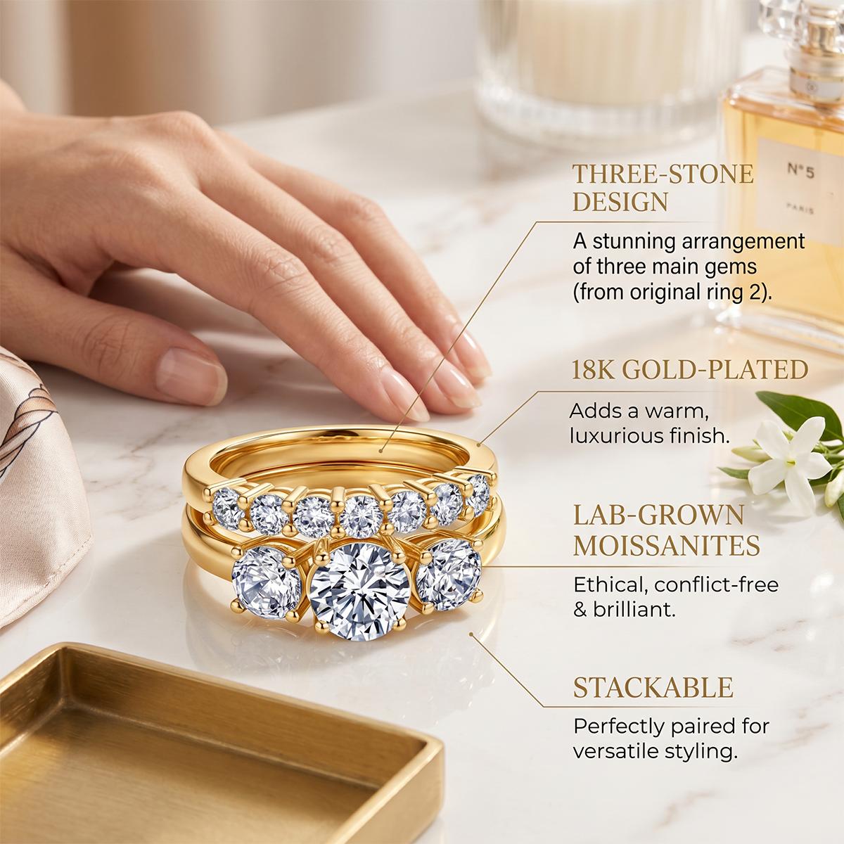 CENLEAR Female Stunning Ring Set - Women's 18K Gold-Plated Lab-Grown 2-Carat 3-Stone Stackable Fine Moissanite Wedding Rings Set for Engagement, Valentine's Day Gift