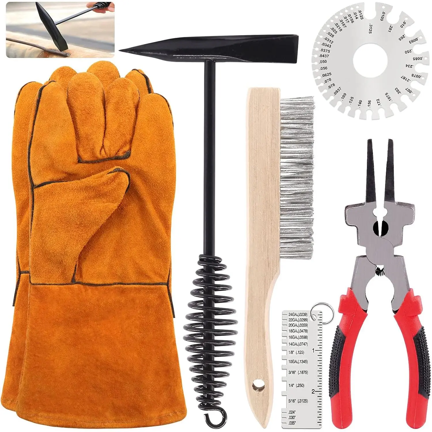 6Pcs Welding Slag Removal Tool Set Including 8inch Welding Pliers, Welding Chipping Hammer, Wire Scratch Brush and 2 Stainless Steel Metal Sheet Thickness Gauges, Heavy Duty Welding Maintenance Tools