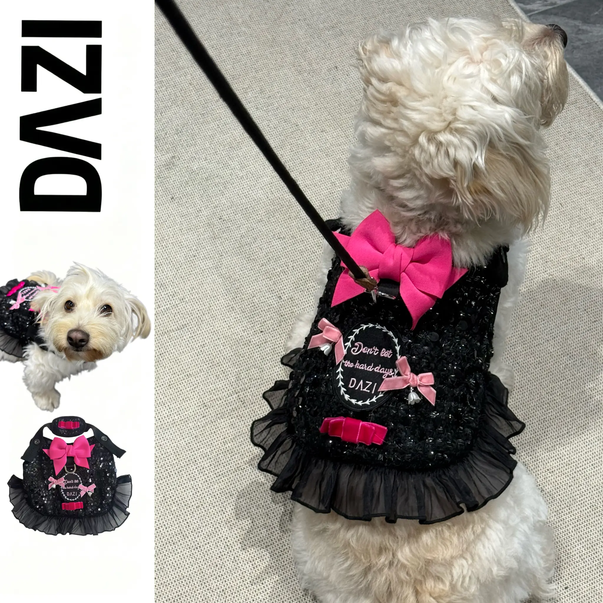 DAZI Pet Dress Vest - Sequin, Bow Detail, Comfortable, Super Soft Breathable All-Seasons Puppy Accessory with Leash Loop for Small-Medium Dogs, Cat & Rabbit Party Costume