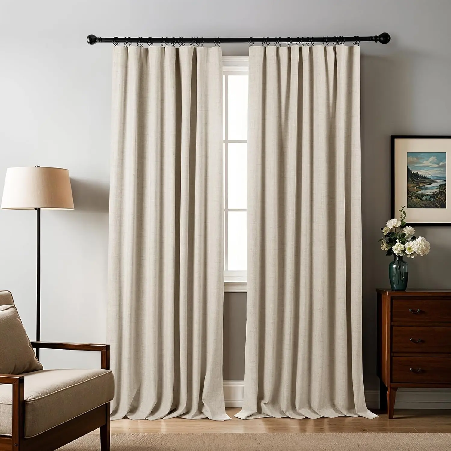 Shilucheng Linen Blend Blackout Curtains, 84-Inch Full Blackout Drapes with 40 Rings & Hooks, Easy-Care Machine Washable for Bedroom & Living Room