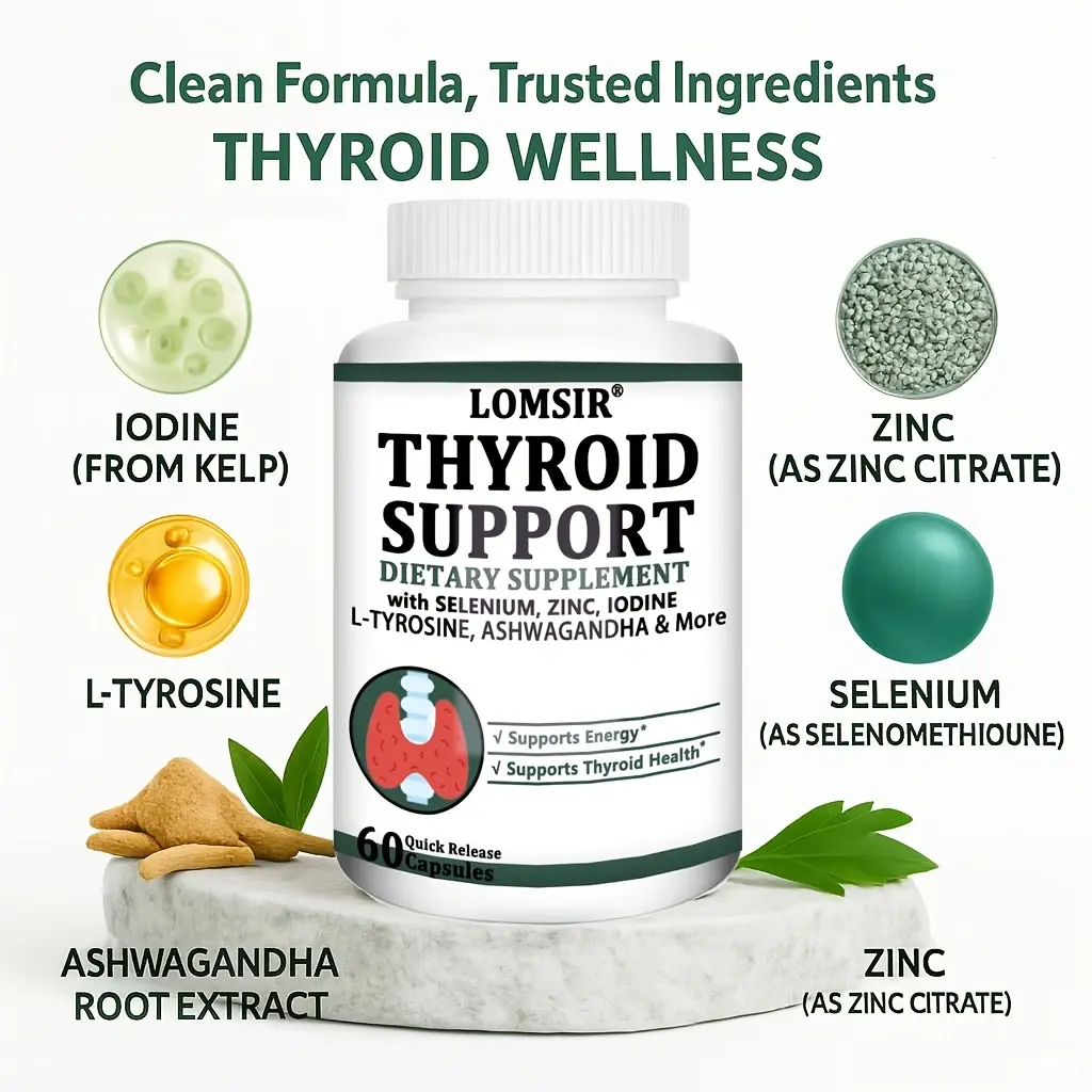 LOMSIR Healthcare Thyroid Support Multi-Nutrient Dietary Supplement for Adults - With Lid Bottle, 60 Capsules, 45-60 Day Supply, Prop 65 Safe, 300mcg Selenium, 500mcg Iodine, 500mg L-Tyrosine, Herbs & Minerals