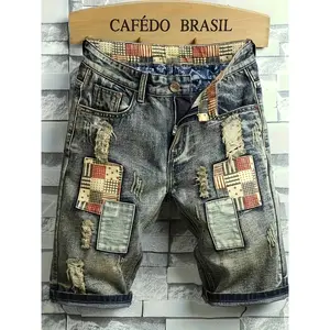 Men's Retro Patchwork Denim Shorts Vintage Washed Distressed Ripped Cotton Casual Streetwear Jean Shorts