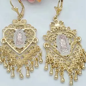 Tri color 14k OUR LADY OF GUADALUPE HEART CHANDELIER EARRINGS aretes virgen de Guadalupe