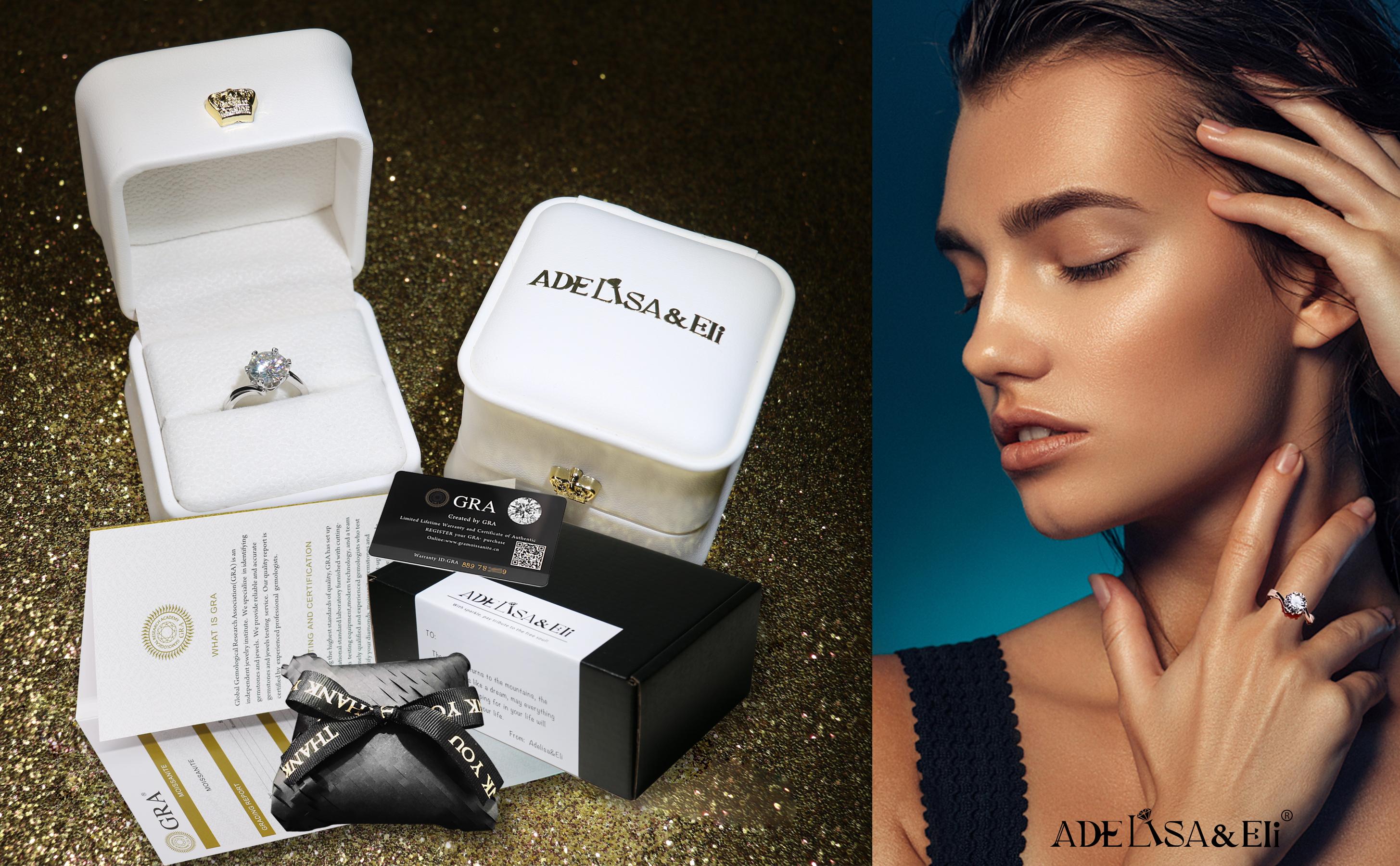 Adelisa&Eli Moissanite Adjustable Ring for Women - 2ct Silver S925 Ring with 6 Claw