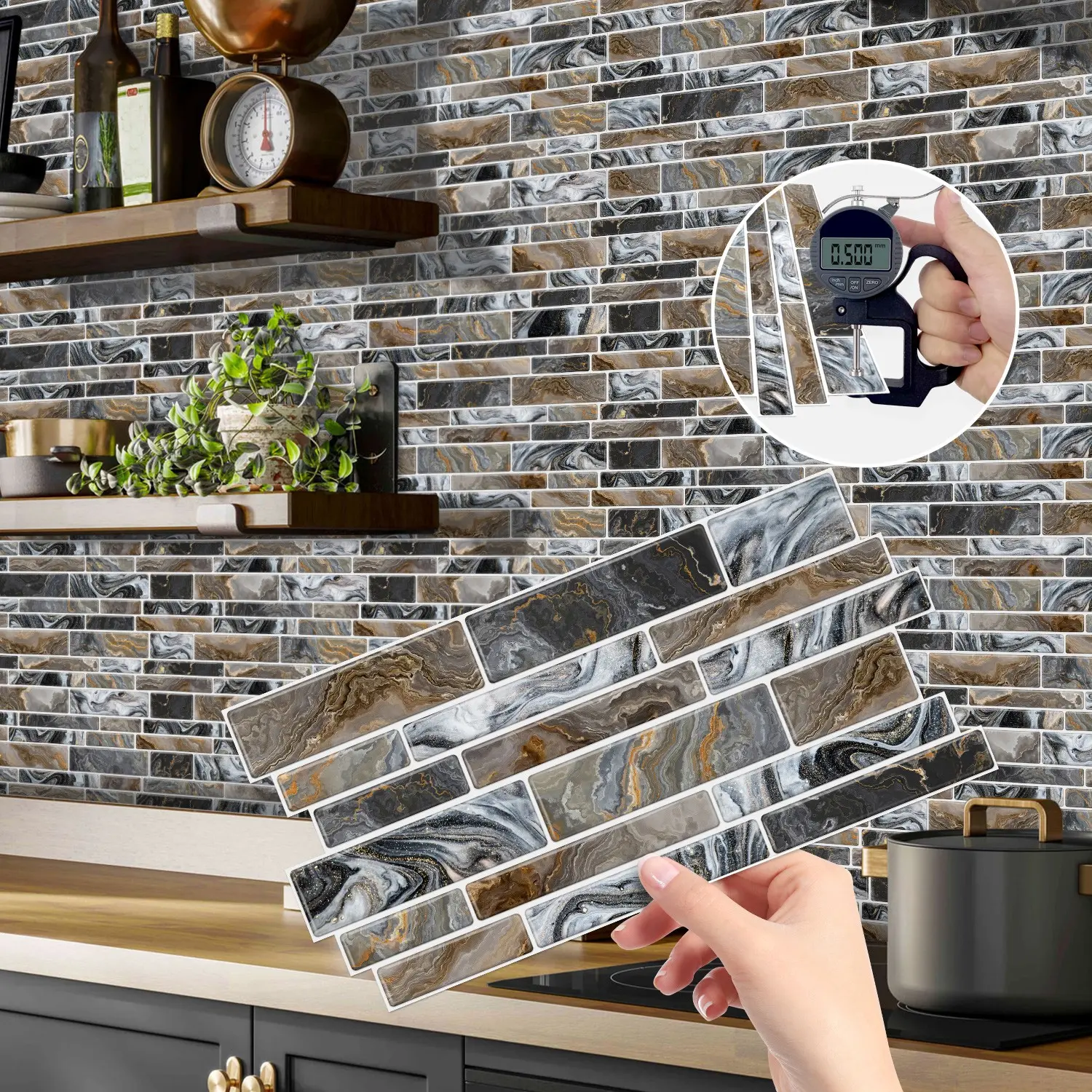 (12/24/48 pieces) Peel and stick wall tiles, artificial marble waterproof and oil-proof wall stickers, suitable for kitchen and bathroom wall decoration, 12 cm X 24.6 cm, Self Adhesive Stickers, Decorative Stickers