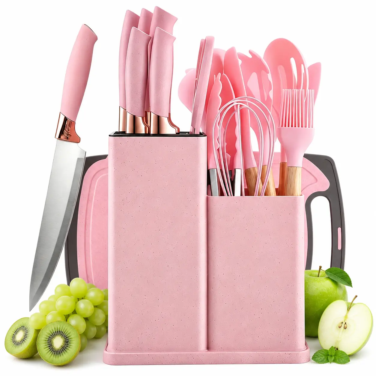 19Pcs Knives Kitchen Set with Wooden Handles - BPA-Free Pink Durable Block Set Including Silicone Utensils, Fish Blade, Cutting Board & Holder for Home Everyday Cooking techvibes