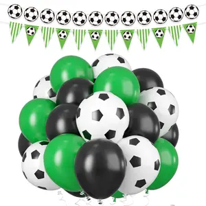 Football Party Balloons Set, 12 Inch Green Black White Latex Soccer Printed Balloons With Football Theme Banner for Football Sports Birthday Party Decorations