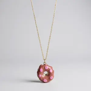 Handmade Clay Doughnut Necklace Coated in Resin for Durability Pink and White Spots on Gold Chain