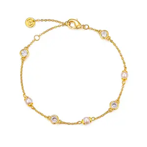 MINDDHA 14K Gold/White Gold Plated Cubic Zirconia Simulated Diamond Pearl Station Infinity Chain Bracelets for Women | Adjustable Chain Bracelet | 6-8 Inch