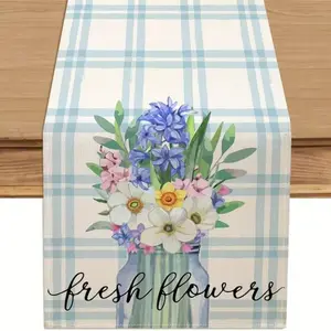 1 PC, Buffalo Grid Blue Flower Vase Spring Table Runner , Seasonal Summer Table Decoration for Kitchen Dinning Holiday Home Party Decor