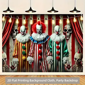 1pc 2D Flat Scary Clown Backdrop Cloth Printing Durable Polyester Fabric Multi Use for Wall Hanging Living Room Bedroom Office Home Decor Outdoor Decoration Studio Props Party Decor No Electricity Needed Party Decorati Banners Ornaments