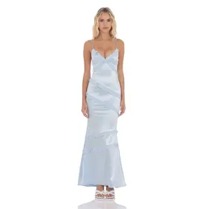 Satin V-Neck Ruffle Mermaid Maxi Dress in Light Blue