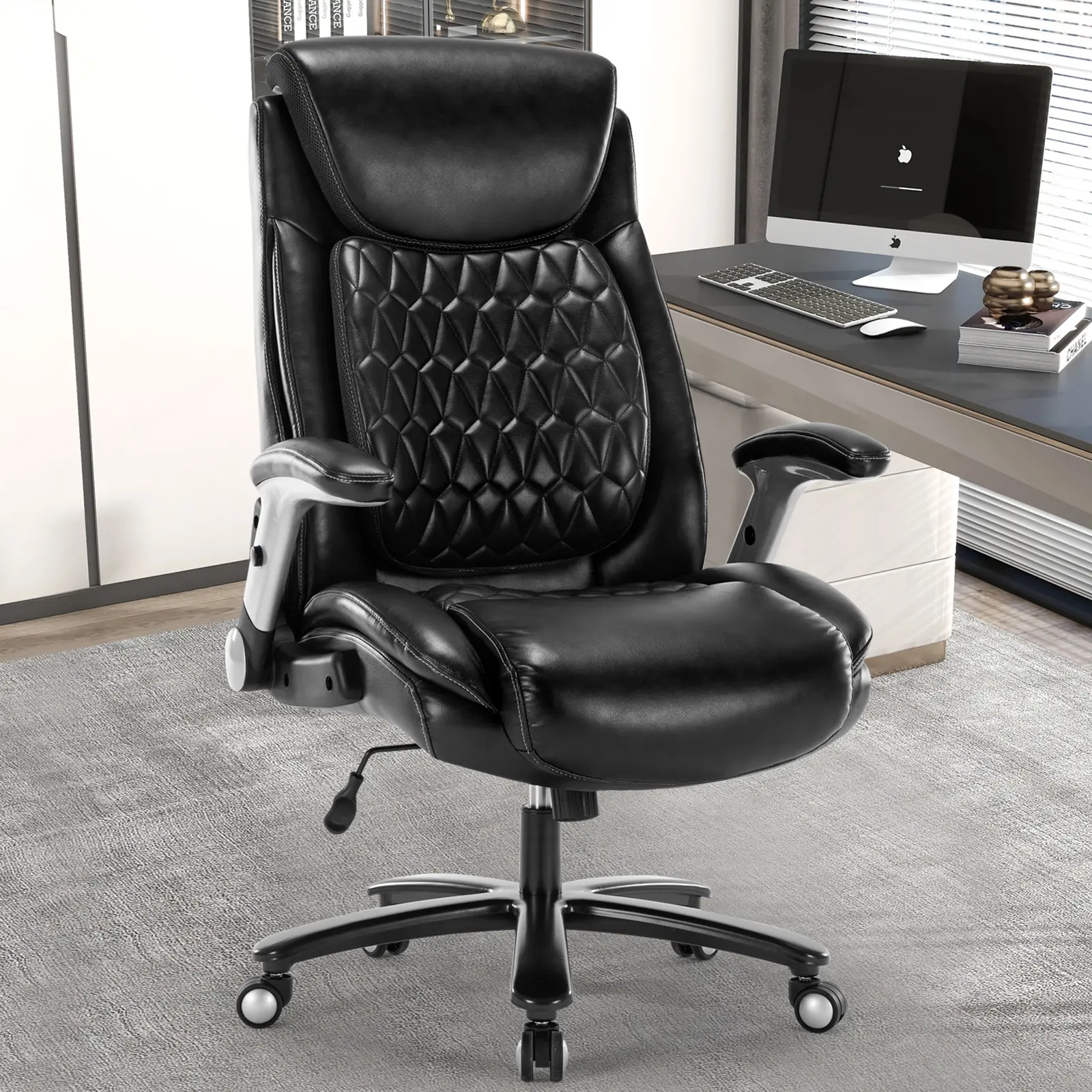 Big and Tall 400lbs Office Chair, Luxury Pu Leather Home Desk Chair-Adjustable Seat Height Padded Armrest and Lumbar Support, Ergonomic Swivel Computer Chair with Wide Seat (Black)