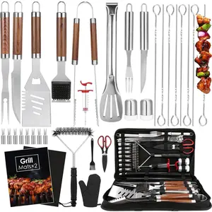 BBQ Grilling Accessories Set, 34 count Heavy Duty Grill Tools for Outdoor Camping, Grilling Gifts for Men Dad, Stainless Steel Barbecue Utensils Kit with Mats and Glove in Carrying Bag, Brown