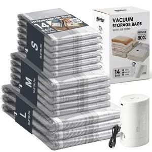 Cordless Travel Vacuum Bag Set Vacuum Bags for Travel with Rechargeable Air Pump, 14Pack Carry-on Size Compression Packing Bags for Luggage and Suitcase, Space Saver for Clothes and Clothing Travel Zipper Pouches, Vacuum Storage Bags Moving Organiser Set